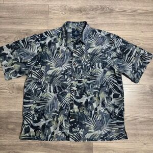 100% Silk Caribbean Joe Tropical Palm Leaf Button Down Shirt XXL Blue Green Mens